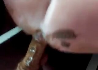 Impaling her hole on the shit covered toy